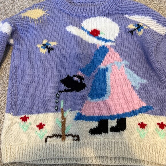 Handknit Vintage children sweater graphic cute 6 yrs purple spring cottagecore - Picture 2 of 14